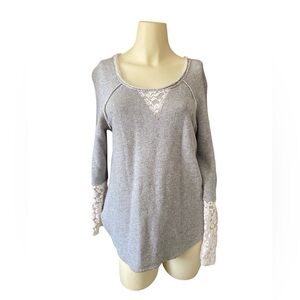 Knox Rose Women Terry Sweatshirt With Lace Bell Sleeve Caps M Heathered Gray